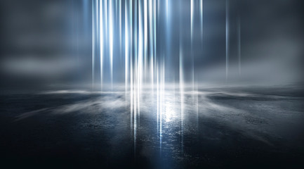 Empty street scene background with abstract spotlights light. Night view of street light reflected...