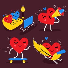 Vector romantic set of happy red and blue heart character with m