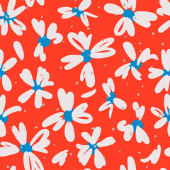 Vector botanical seamless pattern. Small daisies. Glade of wild flowers in vintage style. Flat simple floral freehand background for fashion design, textile, fabric, wallpaper, surface or wrapping.