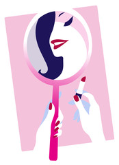 vector illustration of a beautiful girl doing her makeup using a red lipstick and holding a round mirror