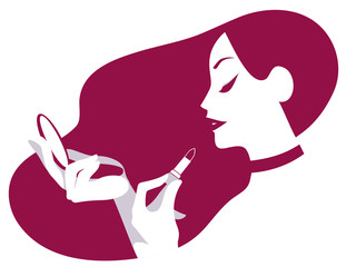 vector illustration of a beautiful girl holding a lipstick and a mirror in her hands