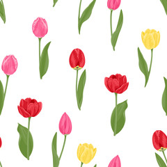 Colorful bright tulips seamless pattern. Red, yellow, pink flowers tulips and green leaves on a white background. Vector floral spring illustration.