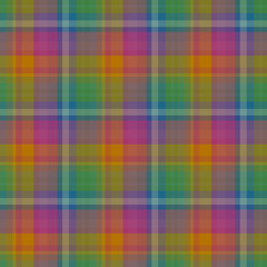 Seamless pattern in bright dark pink, green, yellow and blue colors for plaid, fabric, textile, clothes, tablecloth and other things. Vector image.