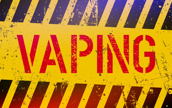 Vaping lettering on danger sign with yellow and black stripes. Electronic e-cigarette warning sign.