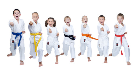 Fototapeta na wymiar A group of children in karategi are beating blow arm