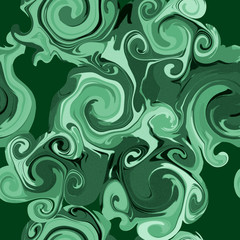 Abstract swirl brush strokes background. Digital art painting. Flat twisted fractal color textures. Wavy spiral multicolored elements. Green distorted waves and ripples.