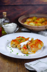 Homemade cabbage rolls with carrots, red tomato sauce and cream on a white plate