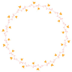 Obraz premium Round frame with horizontal red decorative elements and little yellow leaves on white background. Isolated wreath for your design.