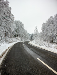 Kurve einer Stra&szlig;e mit Winterlandschaft