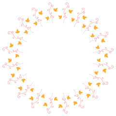 Round frame with vertical red decorative elements and little yellow leaves on white background. Isolated wreath for your design.