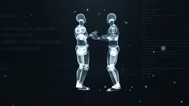 Two Human puppets are talking in virtual 3d digital space with futuristic white hud. X-ray scan. Front view.