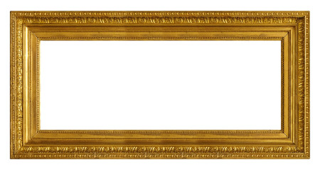 Panoramic golden frame for paintings, mirrors or photo isolated on white background