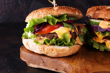 Tasty fresh meat burgers with salad and cheese. Homemade angus burger.