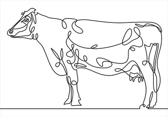 continuous line A beautiful cow is standing. white background