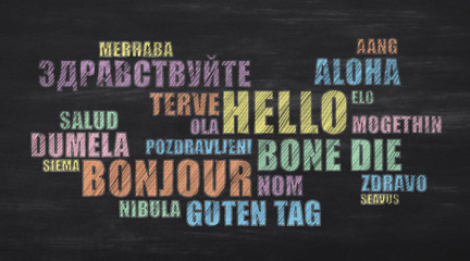 Hello Word In Different Languages On Black Chalkboard, Panorama © Prostock-studio