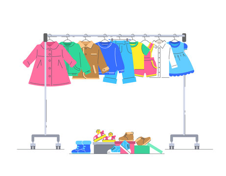 Baby clothes on hanger rack with shoes. Flat lines vector illustration. Casual little kids apparel hanging on shop rolling display stand. Children store sale concept. Charity donation