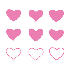 Icon set of pink hearts. Painted hearts from grunge brush strokes. Collection of love symbols for valentine card, banner. texture design elements. Isolated on white background. Vector illustration.