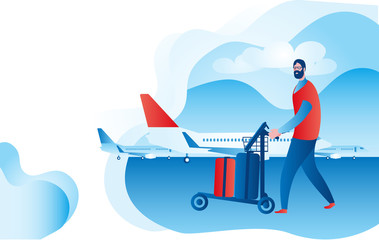 An elderly man with suitcases is boarding a plane.Vector illustration on the theme of travel of elderly people.