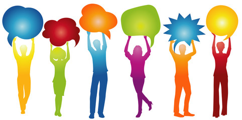 Different people talk holding speech bubble. Talking and inform. Communicate between a group of multiethnic and multicultural people who talk and share ideas. Social network. Friendship