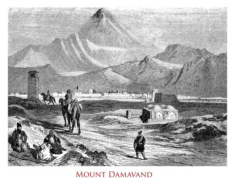 Mount Damavand Persian volcano and the highest peak in the Middle East with mineral hot springs at the base and   fumaroles and solfatara near the summit covered by snow