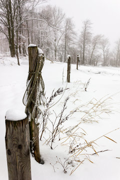 Weidezaun im Winter mit einem Seil