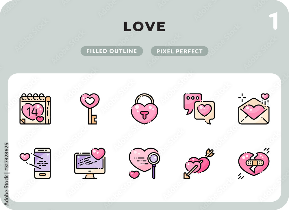 Poster love filled icons pack for ui. pixel perfect thin line vector icon set for web design and website ap