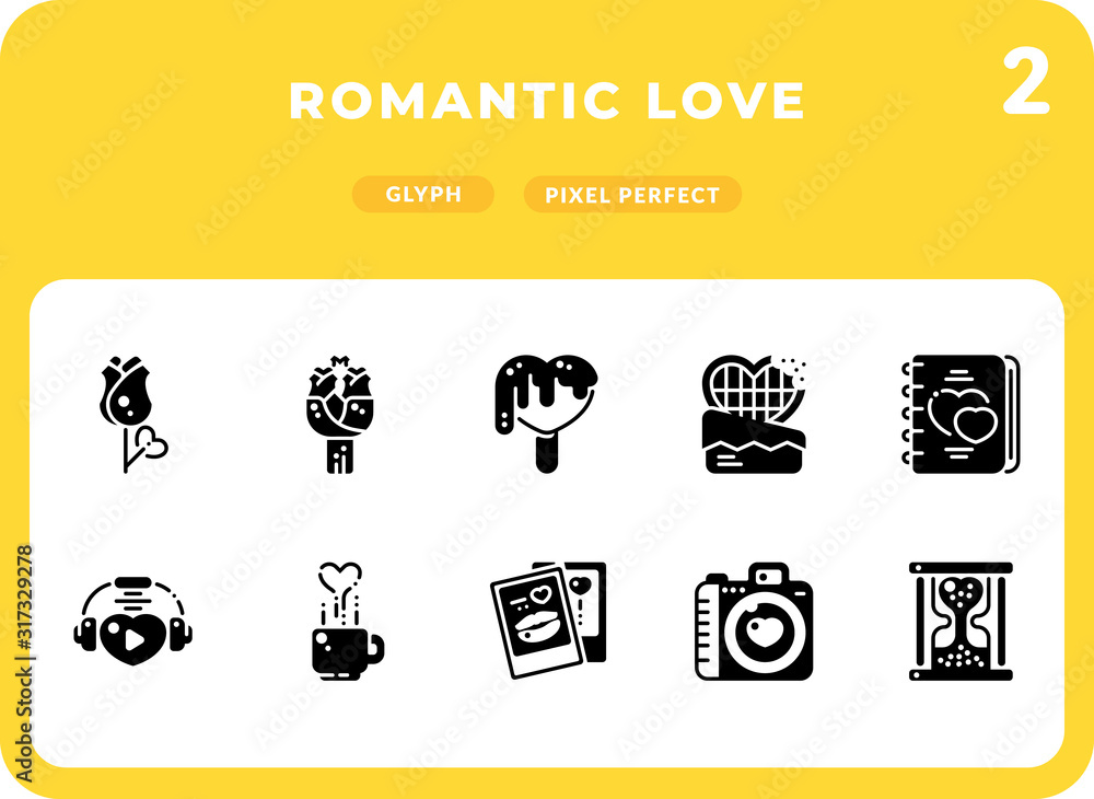 Poster romantic love flat icons pack for ui. pixel perfect thin line vector icon set for web design and web