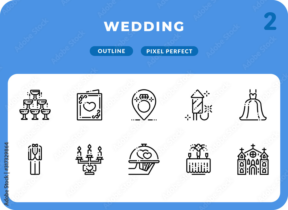 Poster wedding outline icons pack for ui. pixel perfect thin line vector icon set for web design and websit
