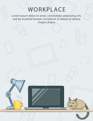 Modern cozy workplace background with laptop, lamp, coffee and cat. Minimalistic creative style for design