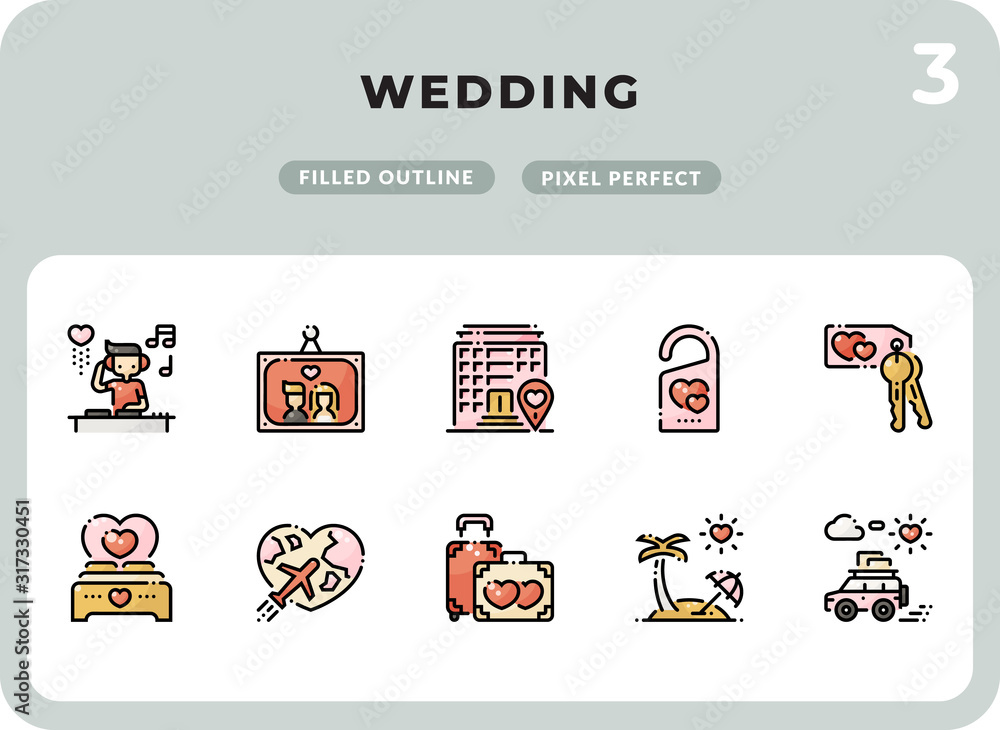 Poster wedding filled icons pack for ui. pixel perfect thin line vector icon set for web design and website