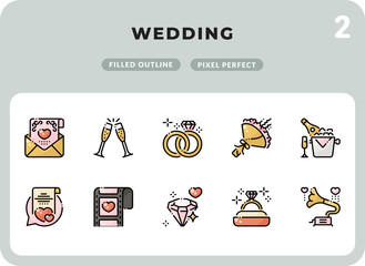 Wedding Filled Icons Pack for UI. Pixel perfect thin line vector icon set for web design and website application.