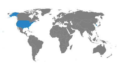 South korea, USA political map highlighted on world map. Gray background. Business concepts trade, economic foreign relations.