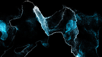 Dark glowing blue neon watercolor on black paper illustration. Lightning night sky and thunder background. Modern aquarelle painted ink canvas, cosmic card template for design