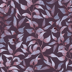 Watercolor leaves pattern. Seamless pattern with hand drawn watercolor leaf. Violet fashion background. Botanical illustration. Floral pattern. 