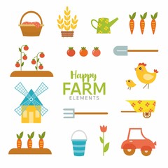 happy farm nature flat elements with vegetables, chicken, tulips, cart