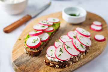 Radish avocado and ricotta avocado  rye sandwiches