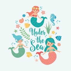 Under the sea card with mermaid, leaves, seashells and fish. Simple and cute illustration in pastel colors.