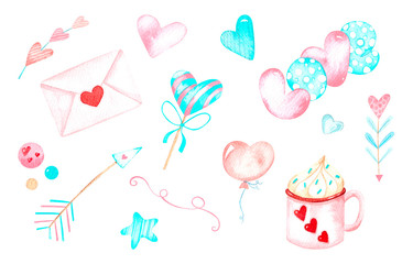 Watercolor illustrations, envelopes, hearts, arrows,cakes, romantic design