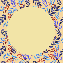 composition in a circle frame border abstract stylization print textile trees branches leaves multicolored watercolor hand-drawn summer spring