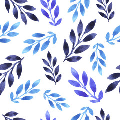 Fototapeta na wymiar Leaves and twigs. Watercolor hand drawn illustration. Seamless pattern. Print, textiles. Holidays, congratulations background