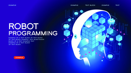 Neural network. Deep learning. Artificial intelligence concept. Robot face and building abstract background