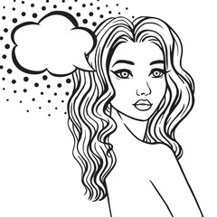 Vector line art beautiful woman curly hair naked no makeup woman with thinking bubble, vector illustration in pop art style