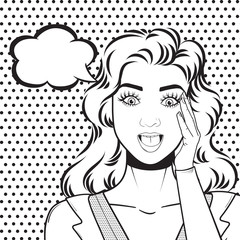 Vector line art of shocked business woman face with open mouth and thinking balloon isolated on white background, illustration in pop art retro comic style