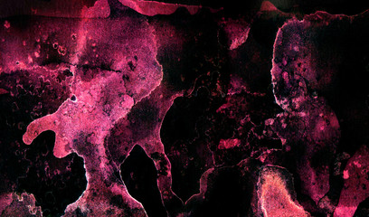 Magenta watercolor on black background. Creative dark pink paper texture water color painted illustration. Colorful smeared fuchsia neon paper textured aquarelle canvas for creative design
