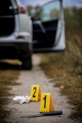 Crime scene investigation, bloody knife with crime markers on the ground, evidence of murder