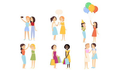 Fototapeta premium Set of girls best friends in everyday life vector illustration