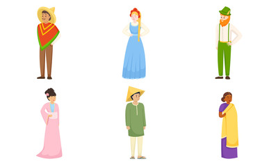 Men and women wearing various national costumes vector illustration