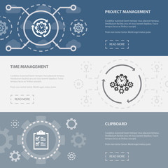 Fototapeta na wymiar management 3 horizontal webpage banners template with project management, time management, clipboard concept icons. Flat modern isolated icon illustration.
