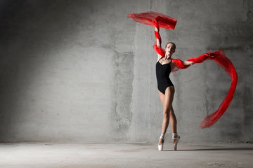 Girl on pointe with a red cloth on a gray background.girl, dance, dancer, ballet, ballerina, modern, pointe shoes,  © Vitaliy Mytnik