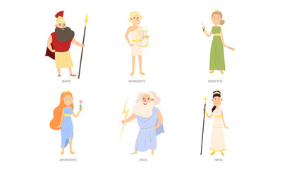 Greek gods and goddesses in special traditional costumes vector illustration